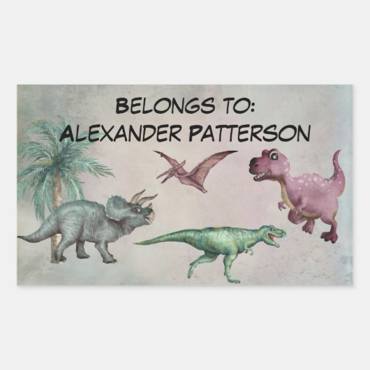 名前パーソナライズされたDino恐竜ステッカー男の子Tレックス 長方形シール (正面)
