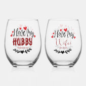 名前パーソナライズされたI Love My Hubby Wifei ステムなしワイングラス (正面)