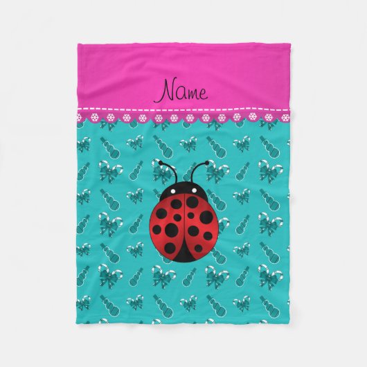名前パーソナライズされたladybugターコイズ雪だるま フリースブランケット (正面)