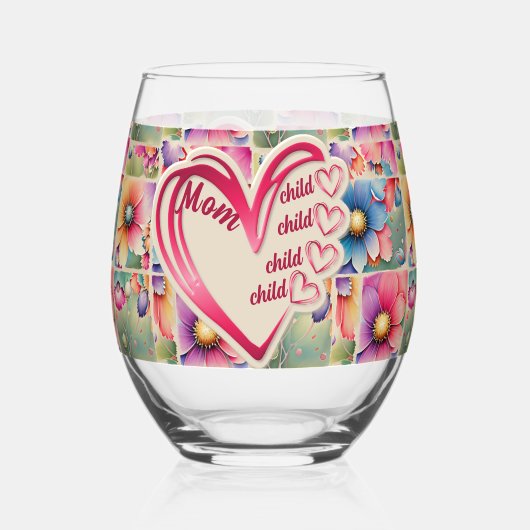名前パーソナライズされたmom子供のフローラ全体プリント ステムなしワイングラス (正面)