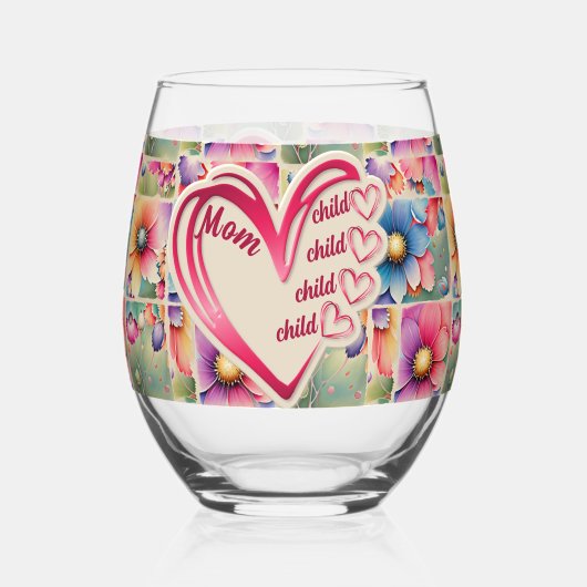 名前パーソナライズされたmom子供のフローラ全体プリント ステムなしワイングラス (裏面)