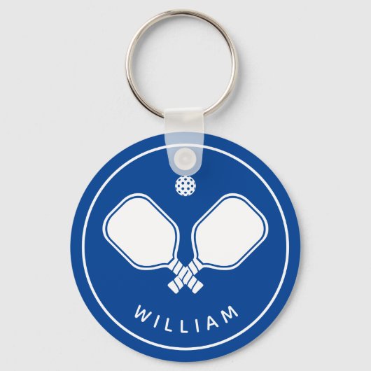 名前パーソナライズされたPickleball Blue & White Keychain キーホルダー (正面)