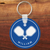 名前パーソナライズされたPickleball Blue & White Keychain キーホルダー (正面)