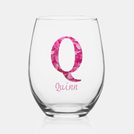 名前パーソナライズされたPinkフローラモノグラム「Q」 ステムなしワイングラス