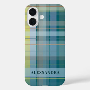 名前パーソナライズされたPlaidチェックブルーティール（緑がかった色）スタイリッシュ iPhone 16ケース
