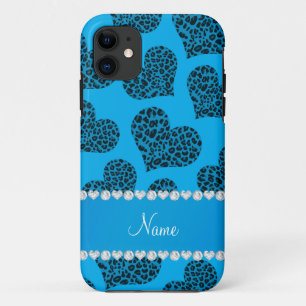 名前パーソナライズされたsky blue leopardハート iPhone 11 ケース
