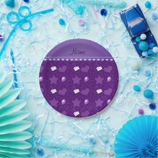 名前パープルお誕生日ケーキバルーンハート星 ペーパープレート (パーティー)