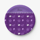 名前パープルお誕生日ケーキバルーンハート星 ペーパープレート (正面)