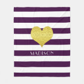 名前パープルホワイト金ゴールドハートパターンプリント フリースブランケット (正面)