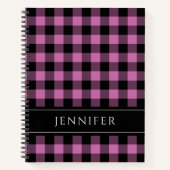 名前ピンクと黒のチェックPlaid Gingham Pattern ノートブック (正面)