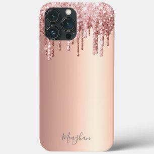 名前ピンクグリッターモノグラムのバラ金ゴールドドライブ iPhone 13 PRO MAXケース