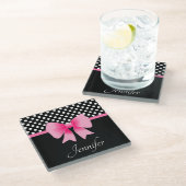名前ピンクリボンブラック&ホワイト水玉模様 ガラスコースター (アングル)