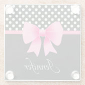 名前ピンクリボンブラック&ホワイト水玉模様 ガラスコースター (裏面)