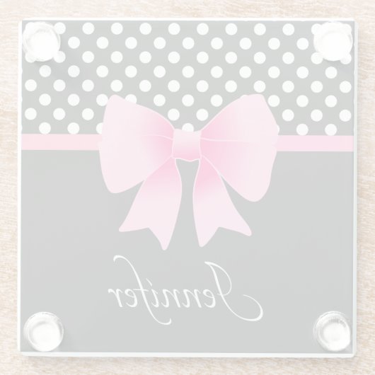 名前ピンクリボンブラック&ホワイト水玉模様 ガラスコースター (裏面)