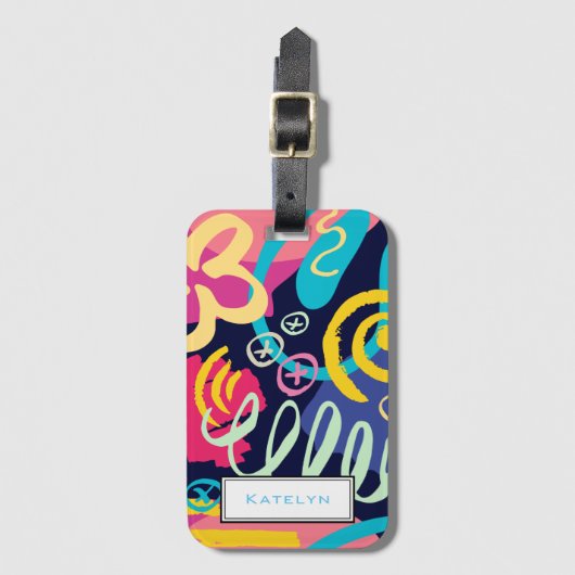 名前ファンキー付き明るい1980sレトロパターン ラゲッジタグ (正面縦)