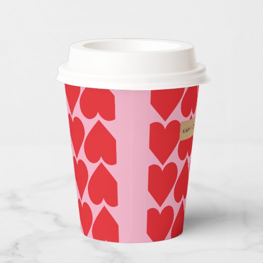 名前ファンシー付きロマンチックな赤とピンクのハートパターン 紙コップ (右)