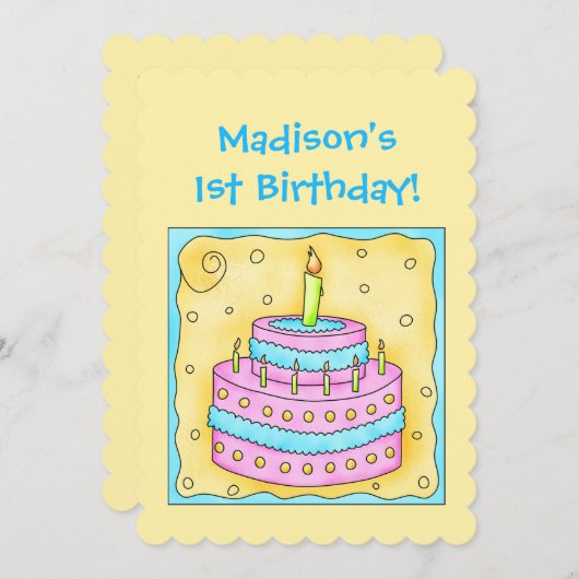 名前ファーストお誕生日ケーキアートパーティの招待状 招待状 (正面/裏面)