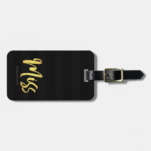 名前フェイク金ゴールドの黒恋しく思いストライプ ラゲッジタグ (正面横)