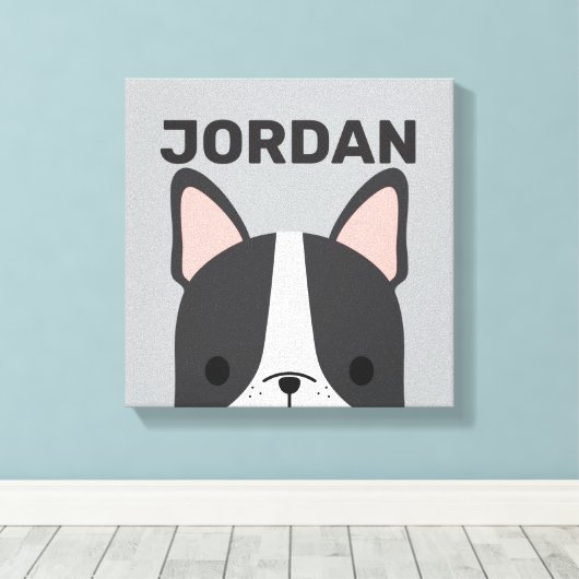 名前フランスのキャンバス付きパーソナライズされたかわいいブルドッグ キャンバスプリント (インサイチュ (ウッドフロア))