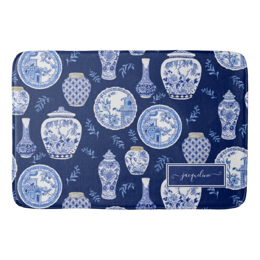 名前フローラネイビーnホワイトジンジャージャーブラワーヴィンテージ バスマット (正面)