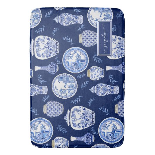 名前フローラネイビーnホワイトジンジャージャーブラワーヴィンテージ バスマット (正面縦)