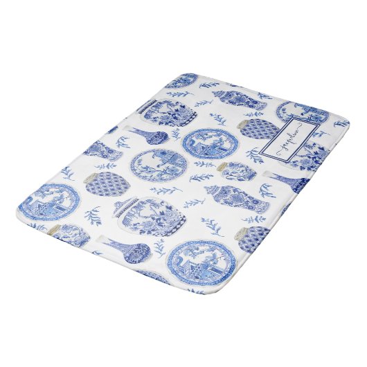 名前フローラ青nホワイトジンジャージャーフラワーヴィンテージ バスマット (アングル)