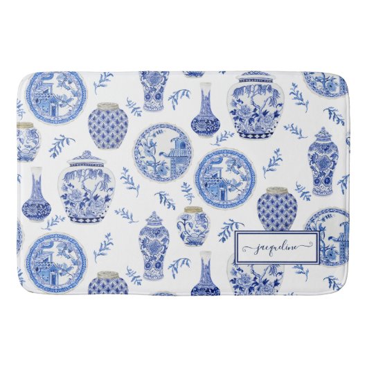 名前フローラ青nホワイトジンジャージャーフラワーヴィンテージ バスマット (正面)