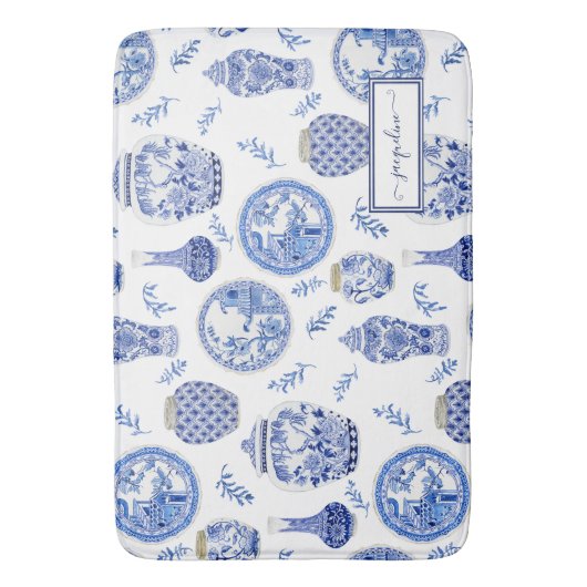 名前フローラ青nホワイトジンジャージャーフラワーヴィンテージ バスマット (正面縦)