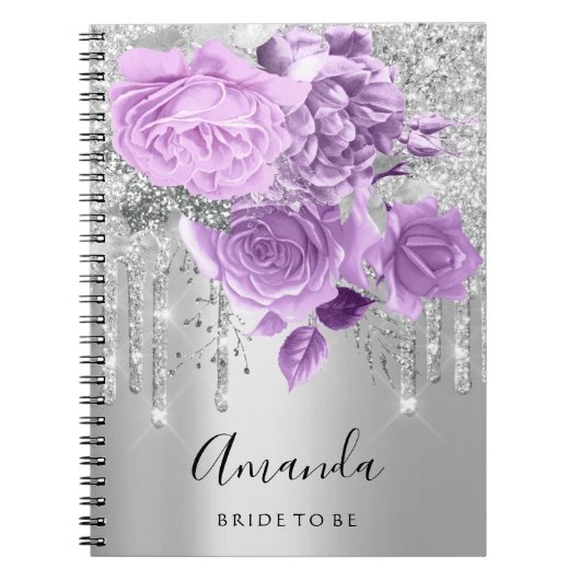 名前ブライダルシャワーシルバードリップフローラ紫バラ ノートブック (正面)