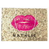 名前ブライダルピンクキスリップグリッターシャンパン金ゴールド ラージペーパーバッグ (裏面)