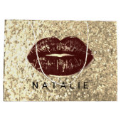 名前ブライダルブラウンキスリップグリッターシャンパン金ゴールド ラージペーパーバッグ (裏面)