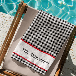 名前ブラック&ホワイトバッファローチェック赤アクセント付きプール –  ビーチタオル