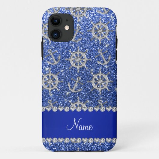 名前ブルーグリッターシルバーいかり船ホイール Case-Mate iPhoneケース (裏面)