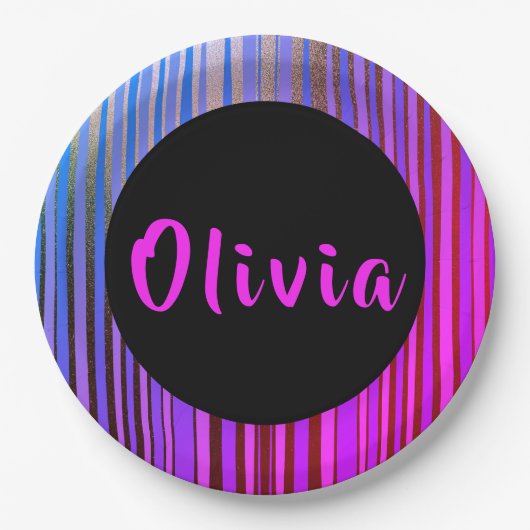 名前ホットピンクパープルブラック金ゴールド誕生日パーティー ペーパープレート (正面)