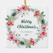 名前ポインセチア赤グリーンリースクリスマスポエトリー セラミックオーナメント (正面)