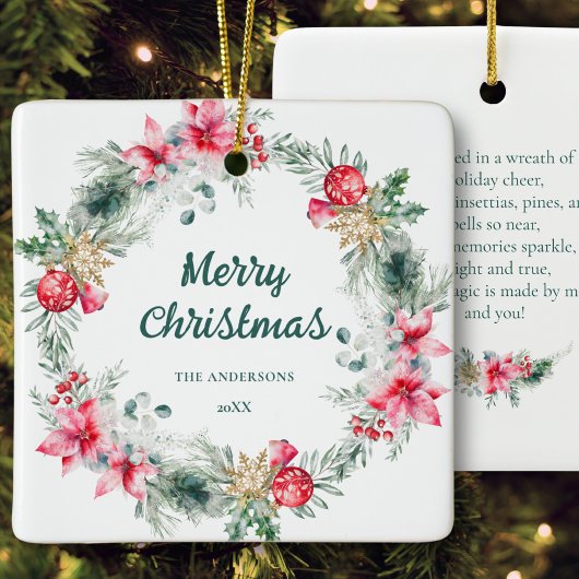 名前ポインセチア赤グリーンリースクリスマスポエトリー セラミックオーナメント