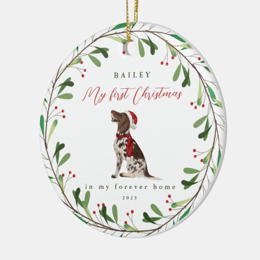 名前ポインタを持つ犬のマイ初めてのクリスマス セラミックオーナメント (左)
