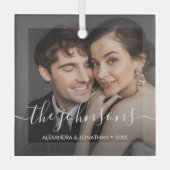 名前ミニマルエレガントスクリプトCoule Photo Christmas ガラスオーナメント (正面)