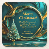 名前メッセージ会社グリーンクリスマスツリー金ゴールド スクエアペーパーコースター (正面)