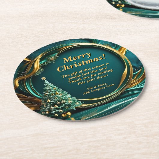 名前メッセージ会社グリーンクリスマスツリー金ゴールド ラウンドペーパーコースター (アングル)