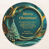 名前メッセージ会社グリーンクリスマスツリー金ゴールド ラウンドペーパーコースター (正面)