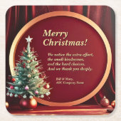 名前メッセージ会社レッド金ゴールド+クリスマスツリー スクエアペーパーコースター (正面)