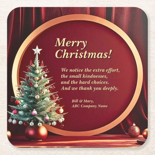 名前メッセージ会社レッド金ゴールド+クリスマスツリー スクエアペーパーコースター (正面)