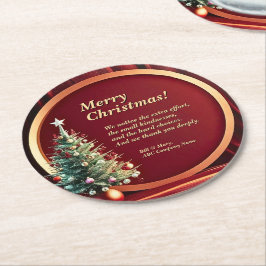 名前メッセージ会社レッド金ゴールド+クリスマスツリー ラウンドペーパーコースター