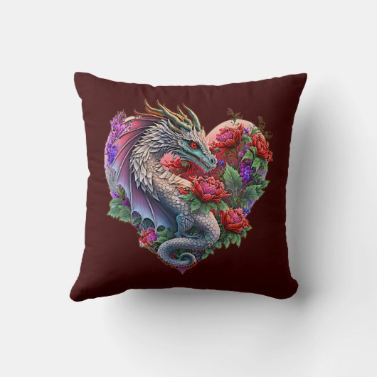 名前メッセージ、ハートドラゴン&フラワーダークレッドの追加 クッション (裏面)