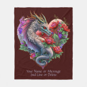 名前メッセージ、ハートドラゴン&フラワーダークレッドの追加 フリースブランケット (正面)