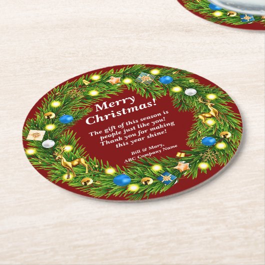 名前メッセージ、会社の営業所クリスマス ラウンドペーパーコースター (アングル)
