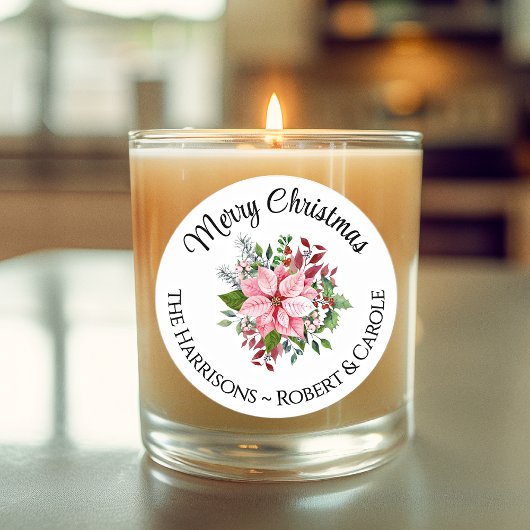 名前メリークリスマスピンクポインセチア花束3-in ラウンドシール