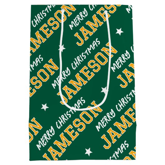 名前メリーパーソナライズされたスクリスマスグリーン金ゴールド ミディアムペーパーバッグ (裏面)