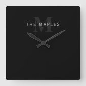 名前モダンとモノグラム |グレーと黒 スクエア壁時計 (正面)